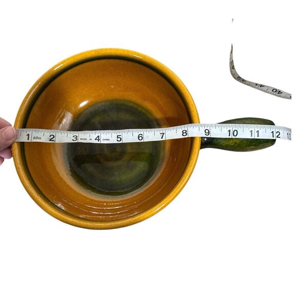 Landert 20 Two Tone Mustard Yellow Green Stripe Fondue Casserole Stoneware Pot - Picture 10 of 11